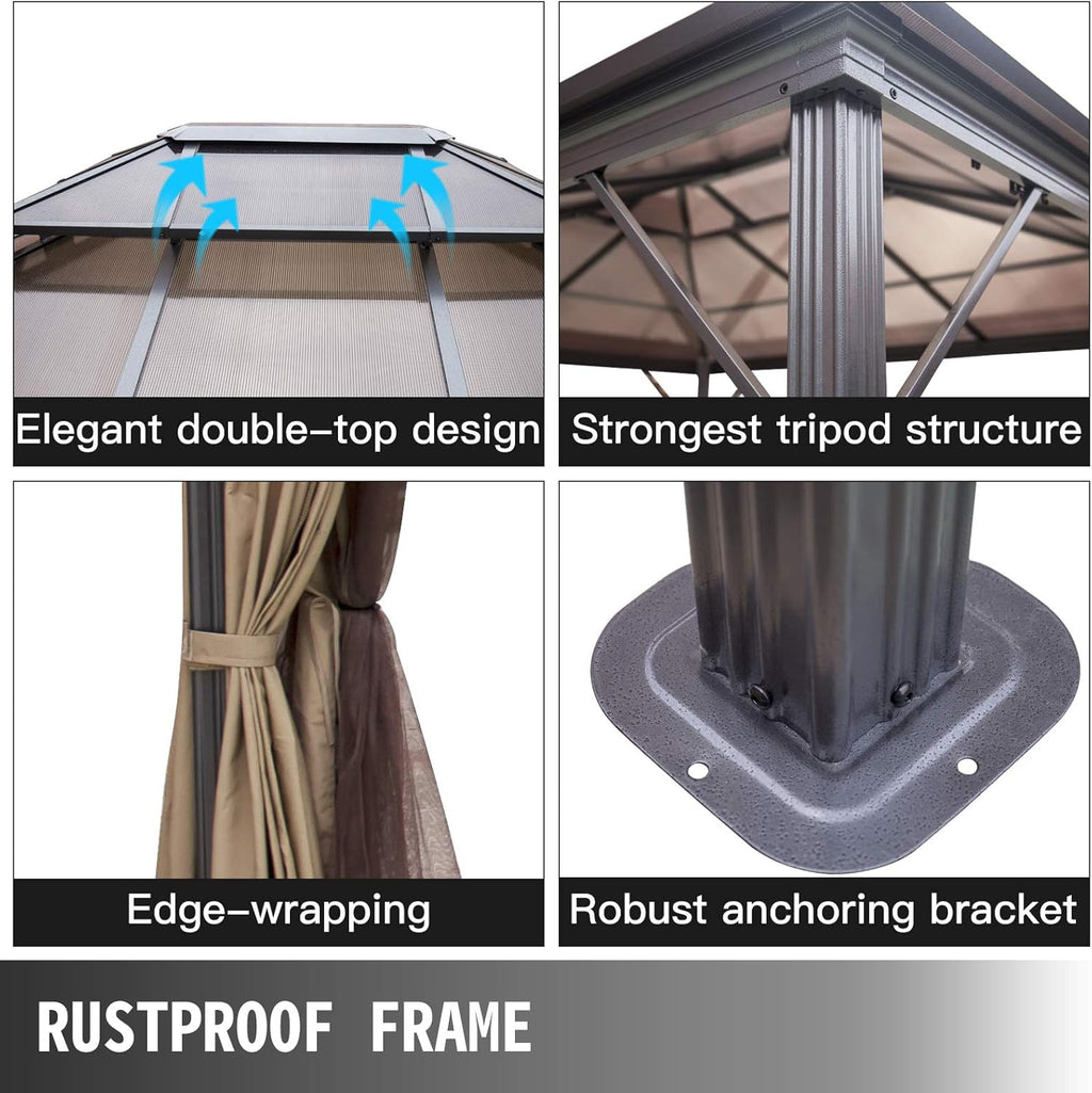 10' x 10' Polycarbonate Hardtop Aluminum Gazebo with Netting T58548