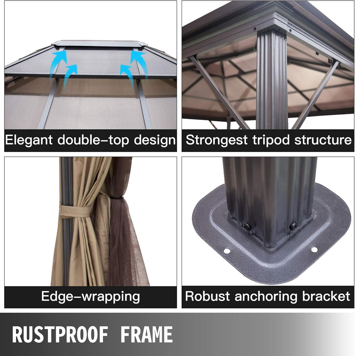 10' x 10' Polycarbonate Hardtop Aluminum Gazebo with Netting T58548