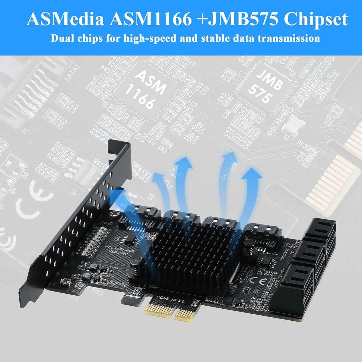 PCIE 1X 10 Ports 6 Gbps SATA 3.0 Expansion Card with Low Profile Bracket and 10 SATA Cables V146720