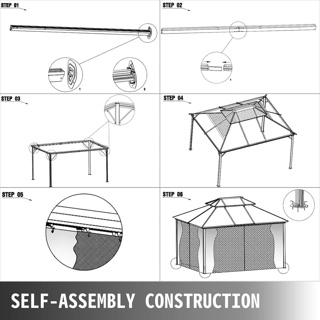 10' x 10' Polycarbonate Hardtop Aluminum Gazebo with Netting T58548