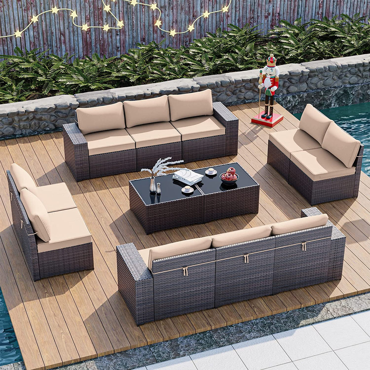 13 Pieces Outdoor Patio Rattan Wicker Furniture Set with Fire Pit Table V46887