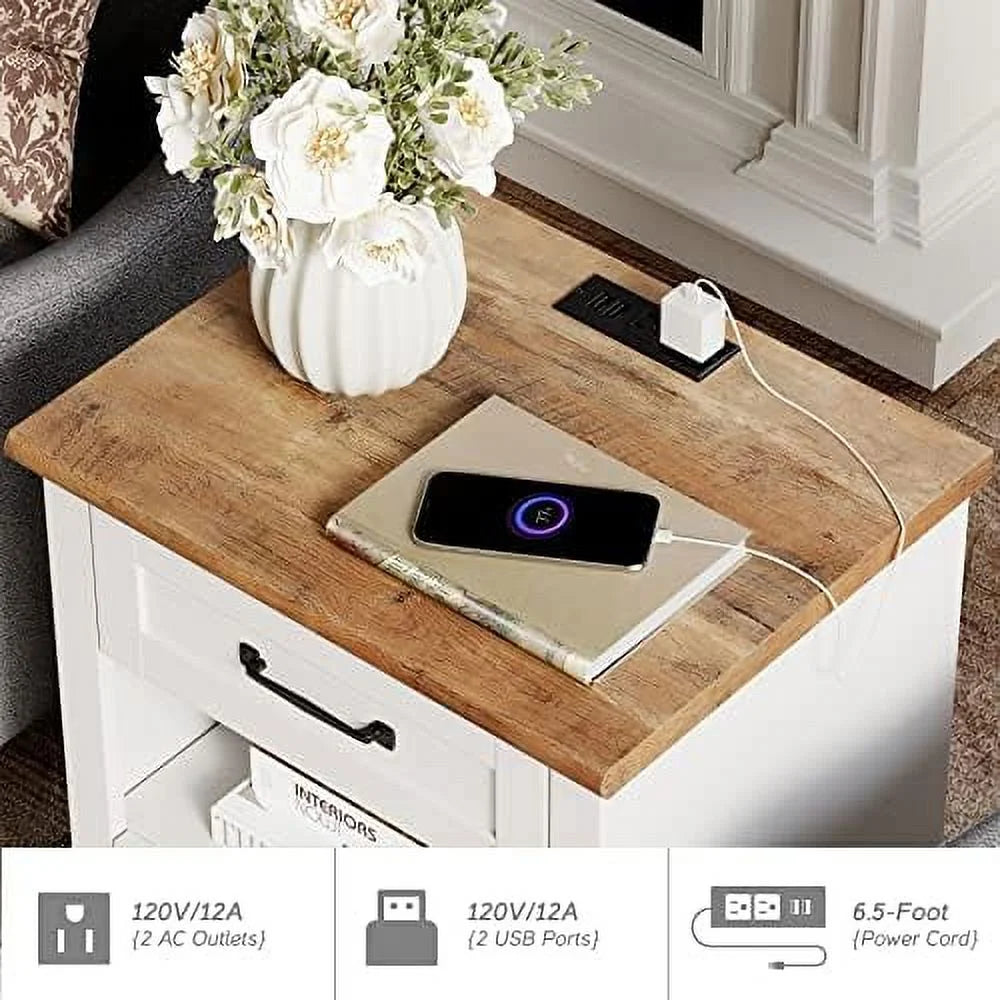 Antique White Nightstand with Charging Station and 2 Drawers G7078