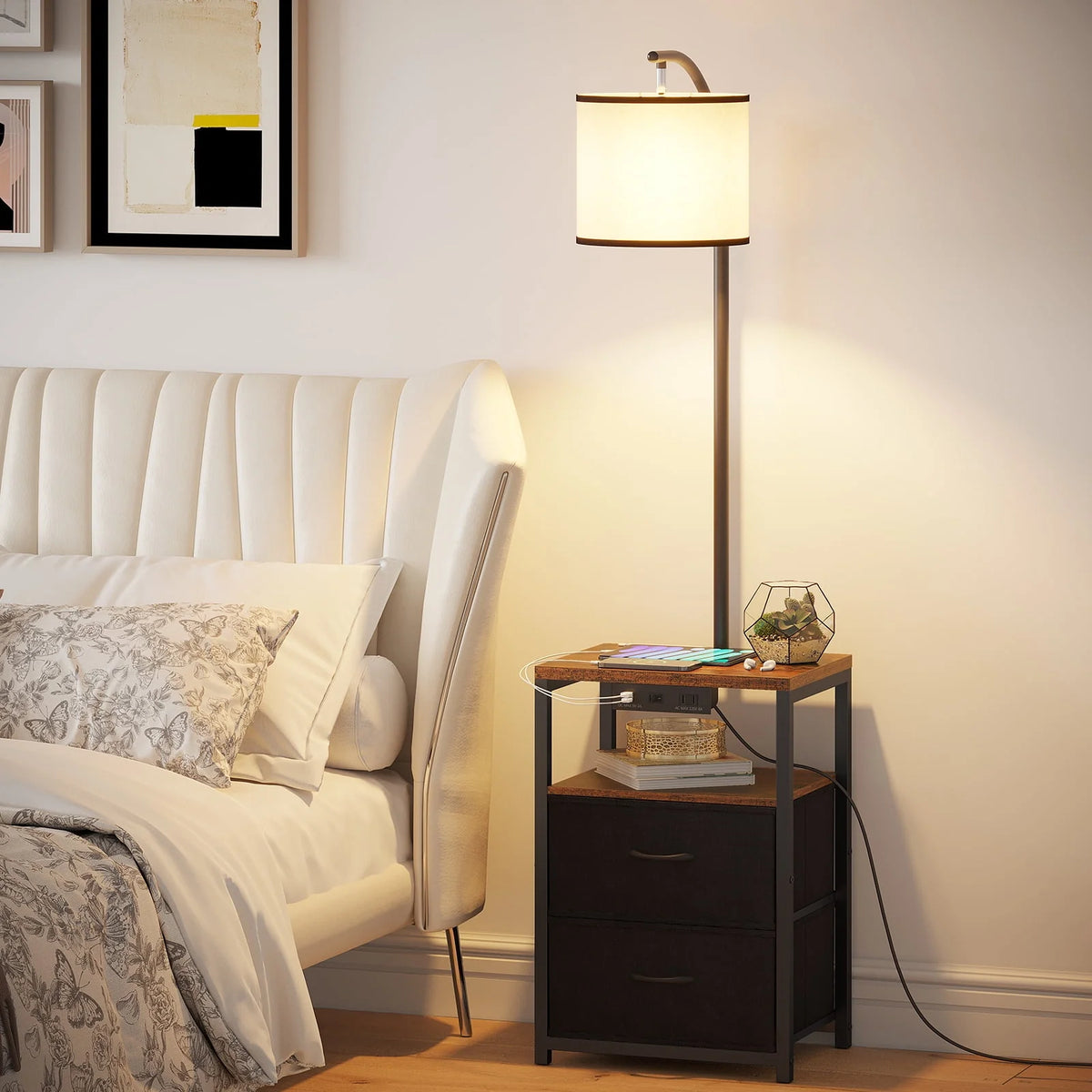 Black Floor Lamp with Table and 2 Drawers Y1456