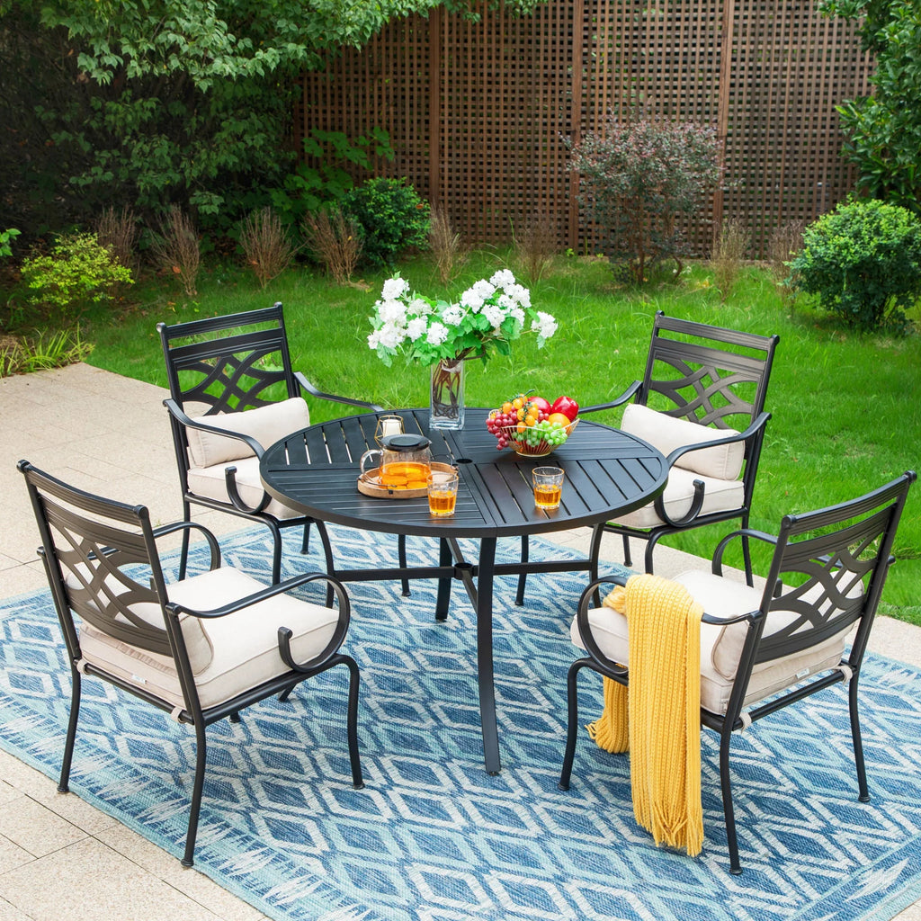5-Piece Outdoor Dining Set with Cushioned Chairs & Round Table O3670