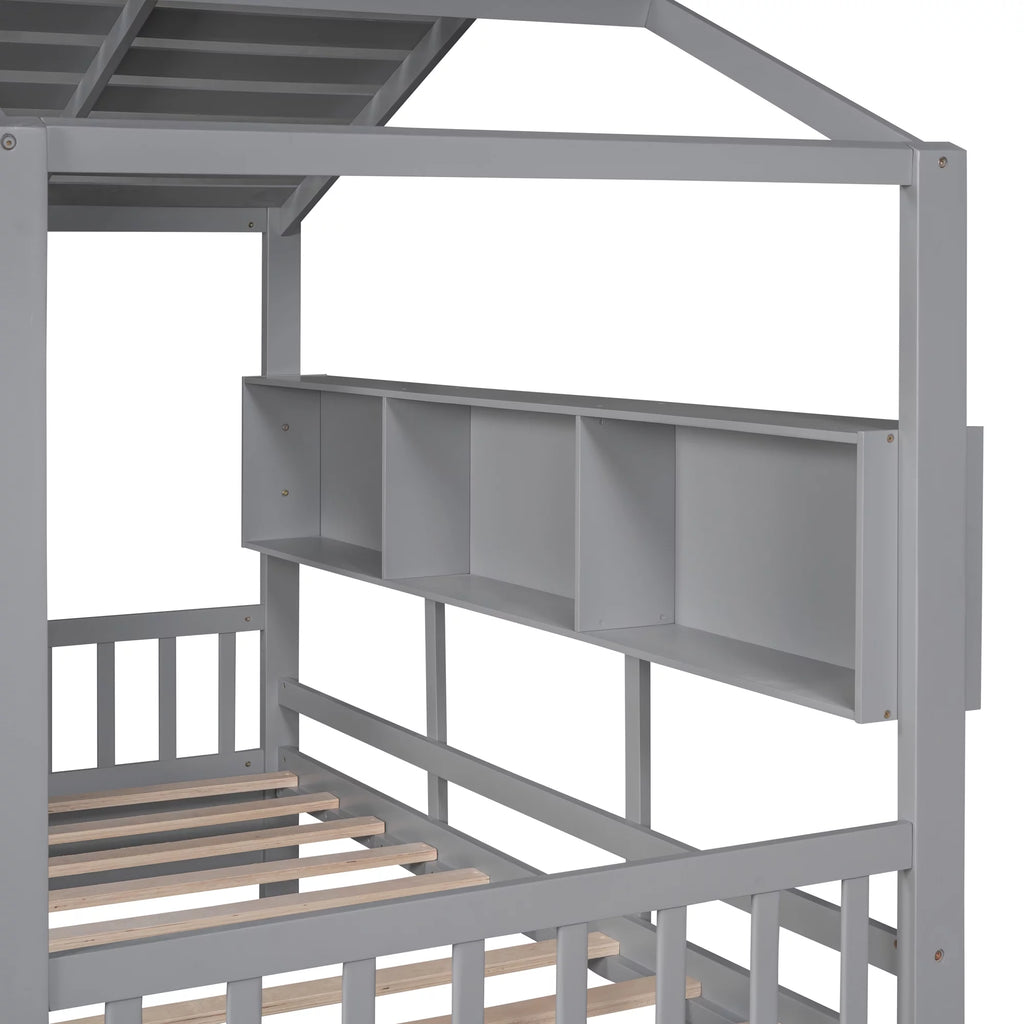 Gray Wood Twin Size Kids House Bed with 2 Drawers and Storage Shelves X96744