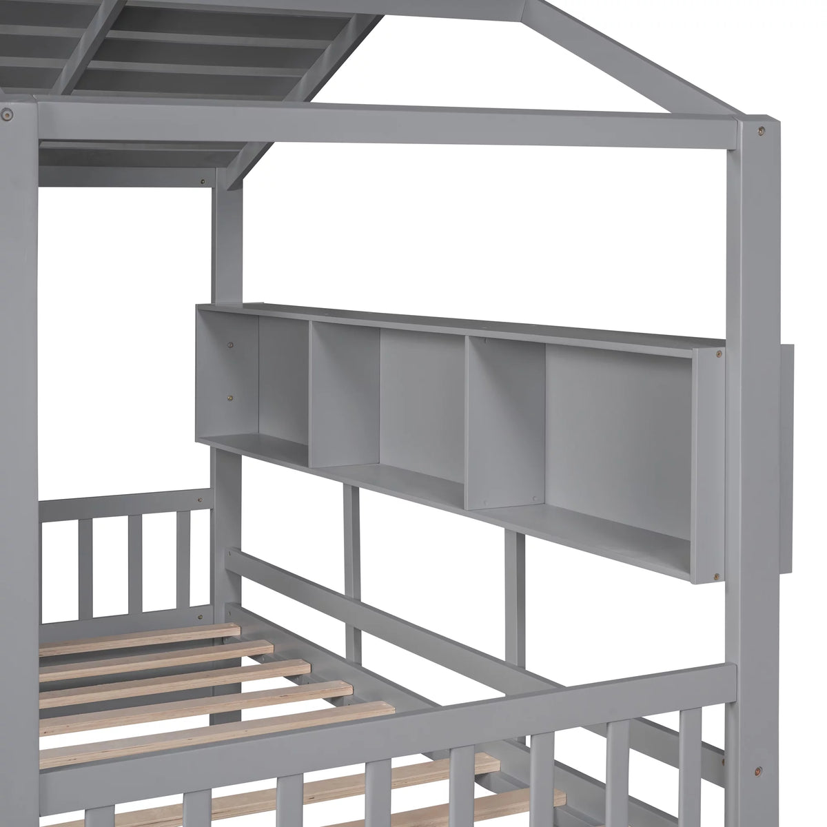 Gray Wood Twin Size Kids House Bed with 2 Drawers and Storage Shelves X96744