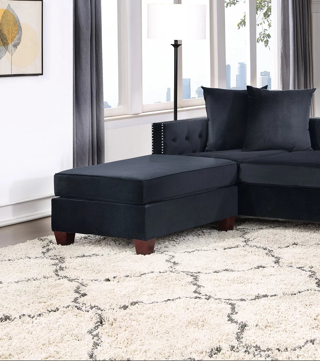 Black Velvet 4pc U-Sectional with Reversible Chaise and Ottoman J44275