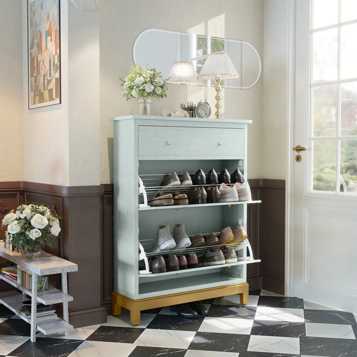 Green Shoe Cabinet with 2 Flip Doors 1 Drawer V68229