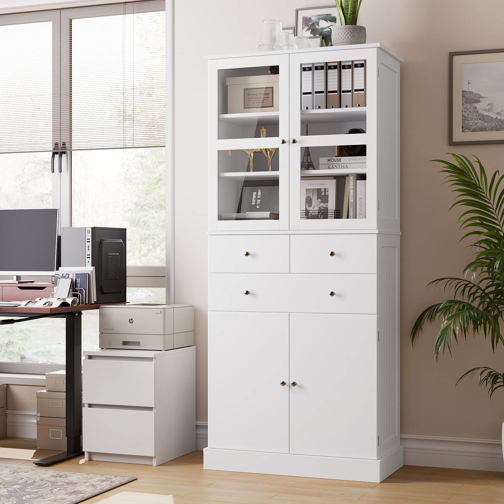 71" White Wood Bookcase with Glass Doors and 3 Drawers X4300