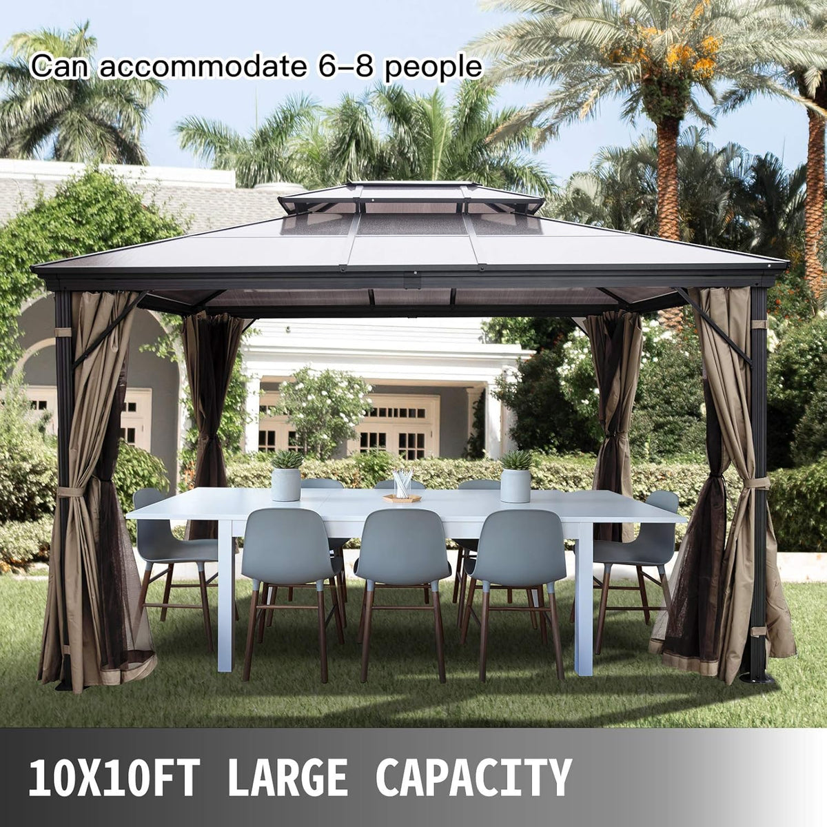 10' x 10' Polycarbonate Hardtop Aluminum Gazebo with Netting T58548