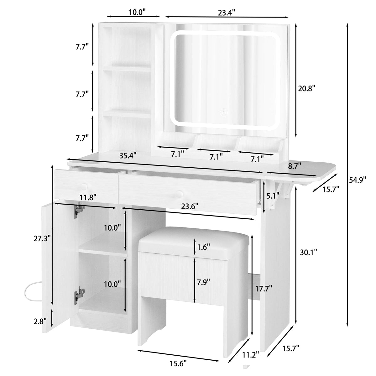 White Vanity Desk with Lighted Mirror and Stool T384072