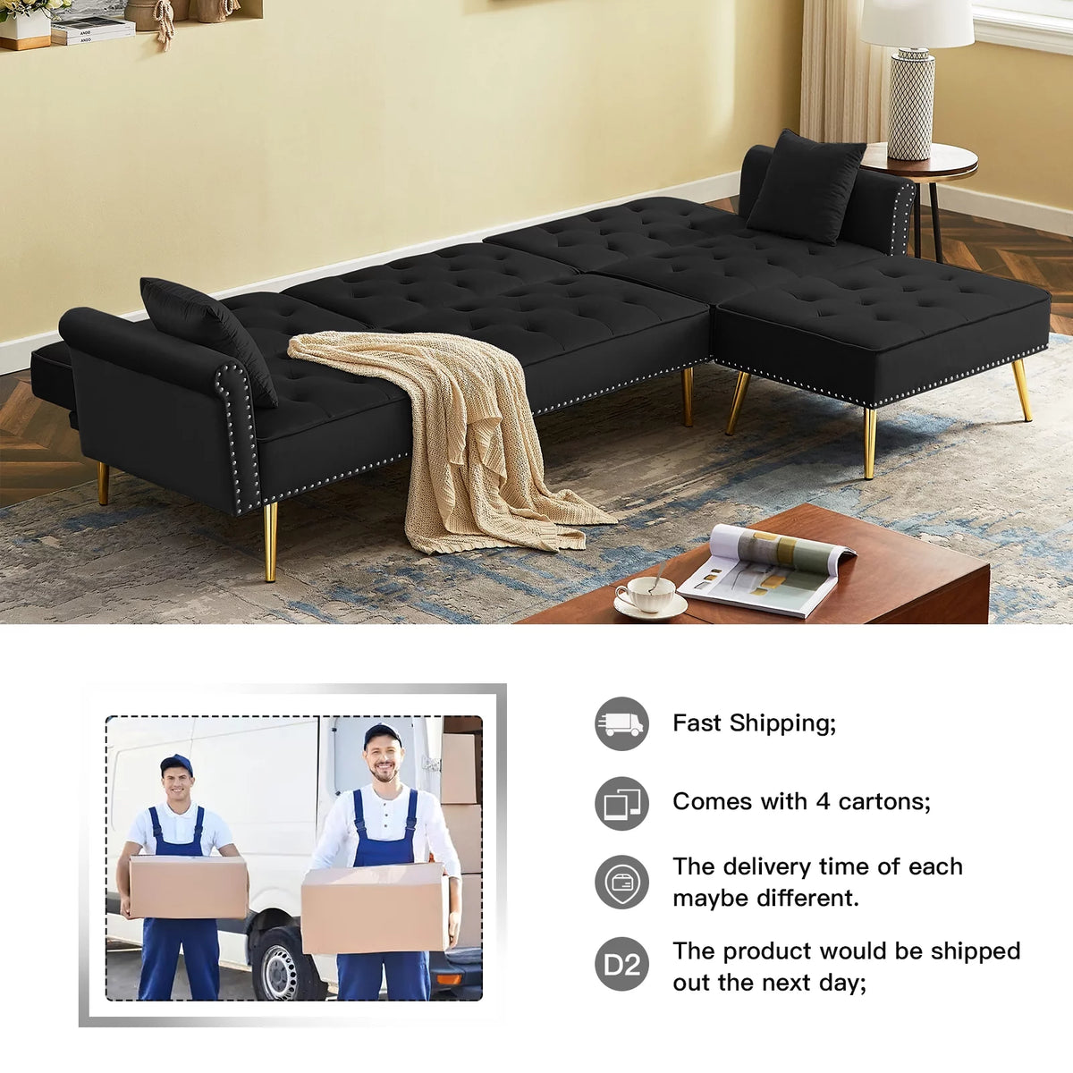 Velvet L Shaped Reversible Sectional Couch with Ottoman B375491