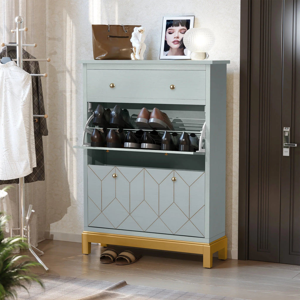 Green Shoe Cabinet with 2 Flip Doors 1 Drawer V68229