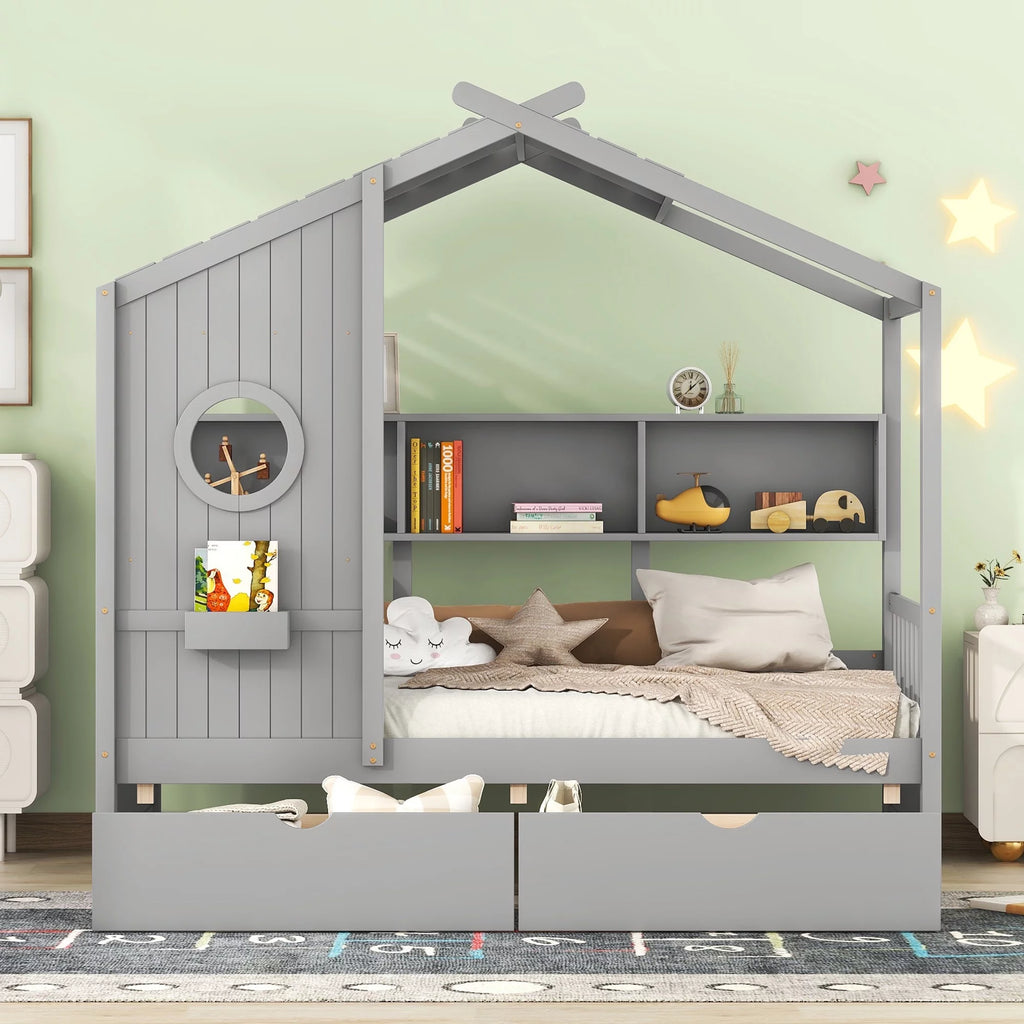 Gray Wood Twin Size Kids House Bed with 2 Drawers and Storage Shelves X96744