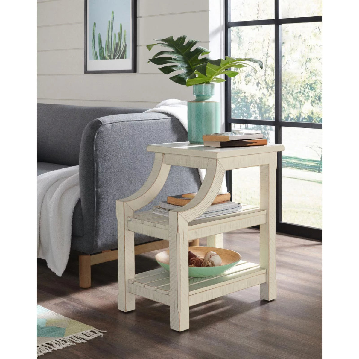 Antique White Solid Wood Chairside Table with Power Q991421