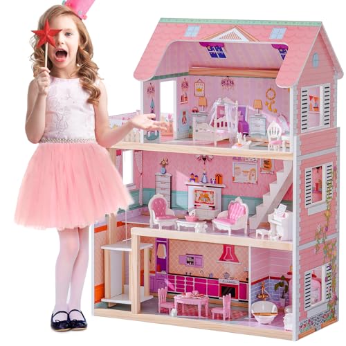 Wooden Dollhouse Playset with 24 Pcs Furniture I1189