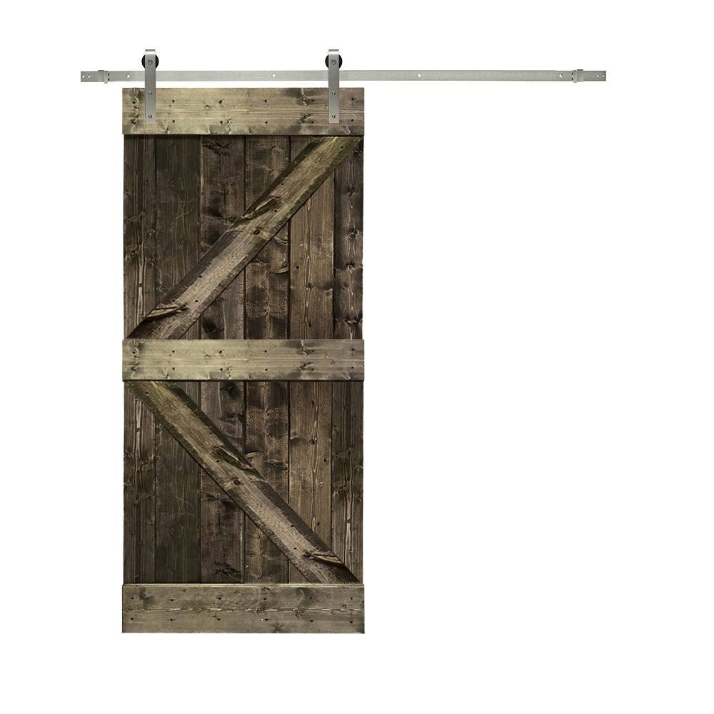 36 in. x 84 in. Gray Stained Knotty Pine Wood Interior Sliding Barn Door with Hardware Kit T220955