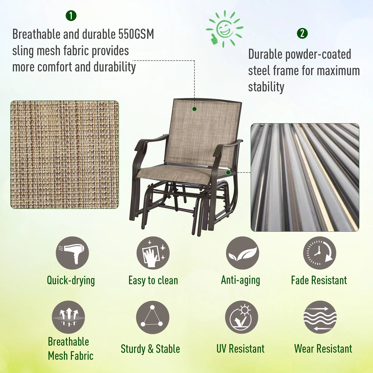 3 Pc Sling Fabric Rocking Glider Chair with Table Set M6546