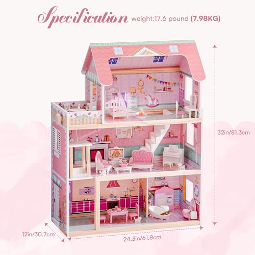 Wooden Dollhouse Playset with 24 Pcs Furniture I1189