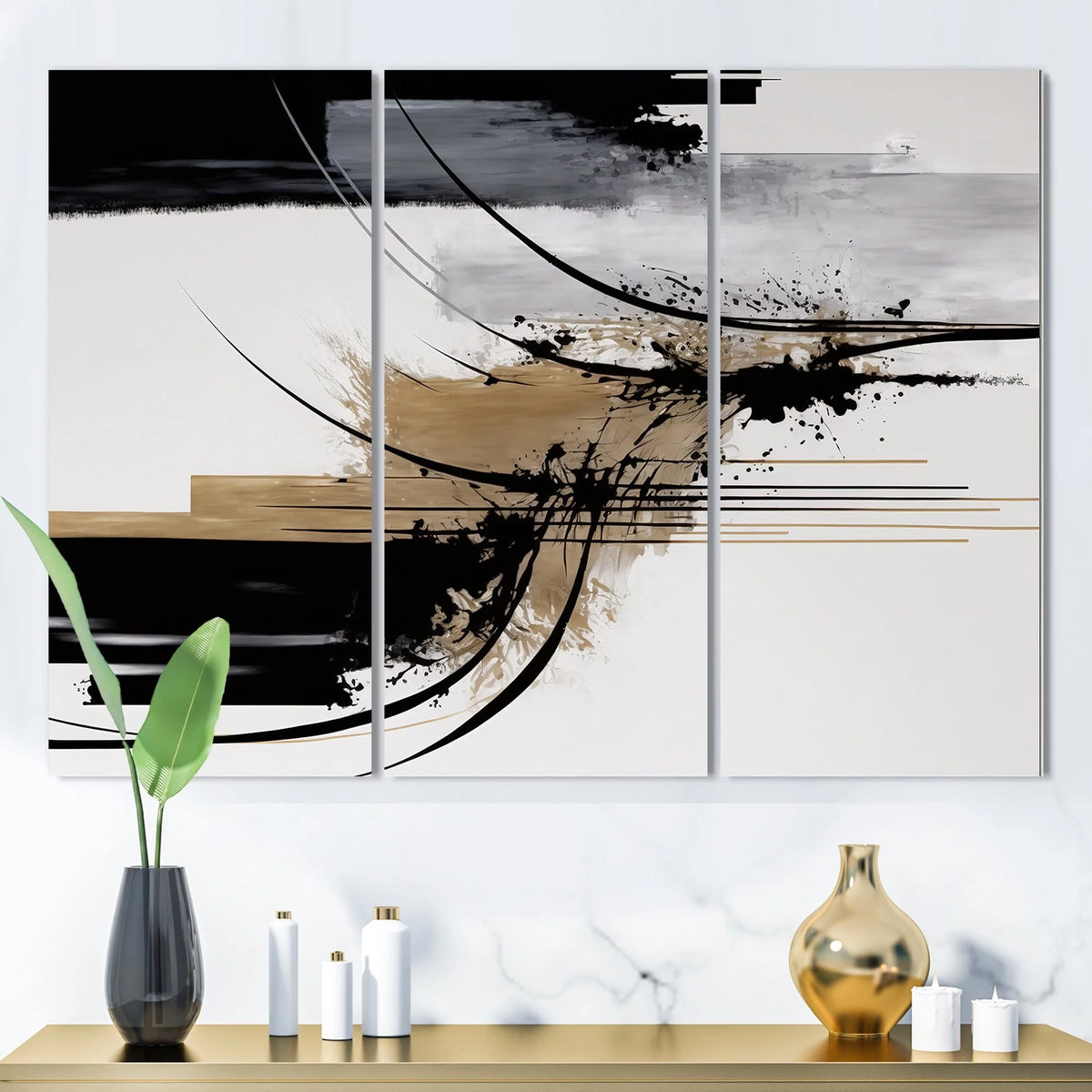 Black White Gold Geometric Canvas Art Print 3 Panels E20636