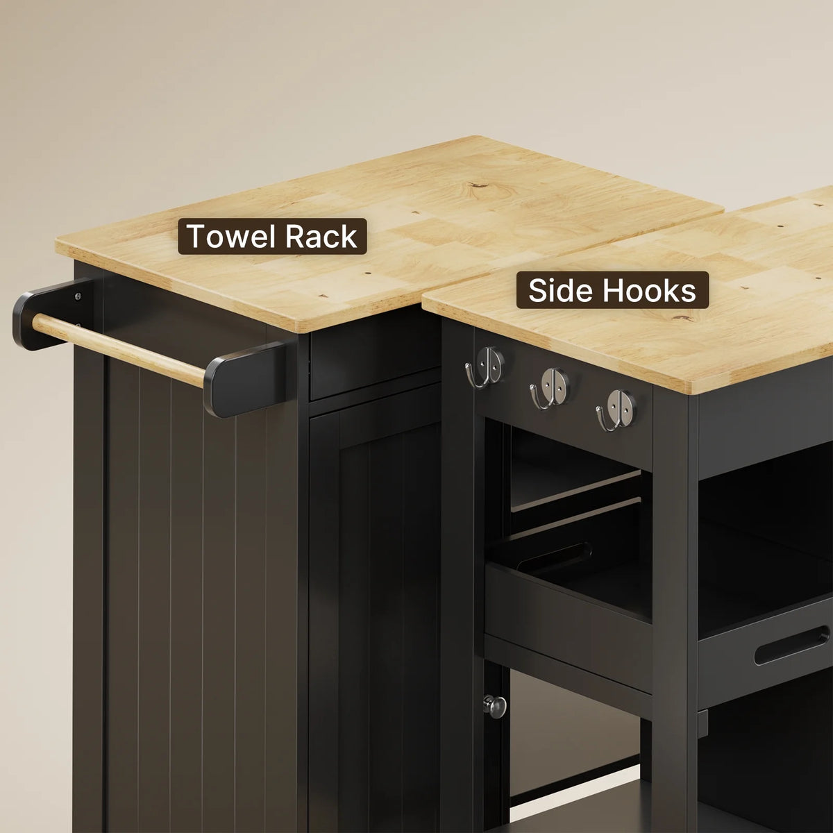 Black Kitchen Island Cart with Drawer and 3 Open Storage Shelves D727711