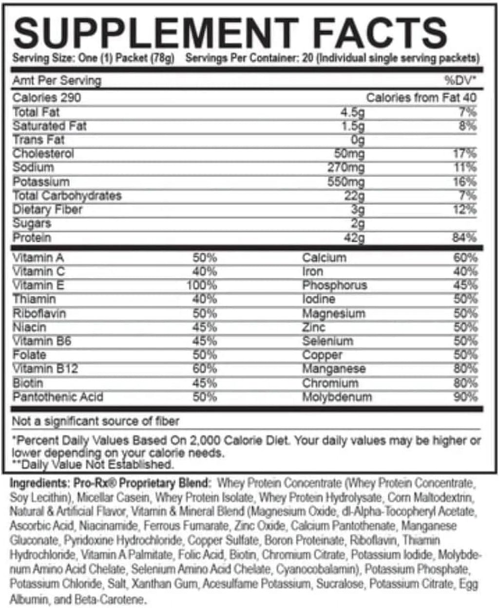 Meal Replacement Protein Drink Mix 42g Protein 20 Packets K360