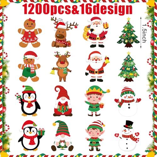 1200 Pcs Christmas Stickers Roll 1.5 Inch Self Adhesive 16 Designs H63349
