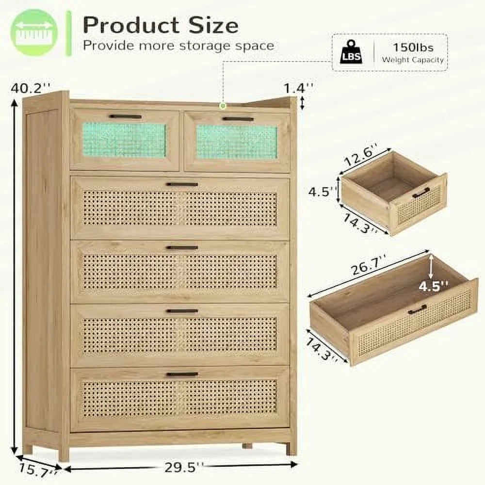 Rattan 6 Drawer Wood Dresser with LED Lights I2003