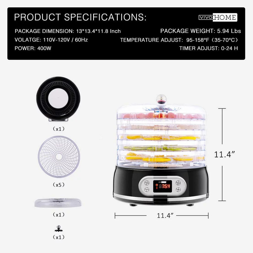 400W 5 Trays Round Food Dehydrator Machine Black R55660