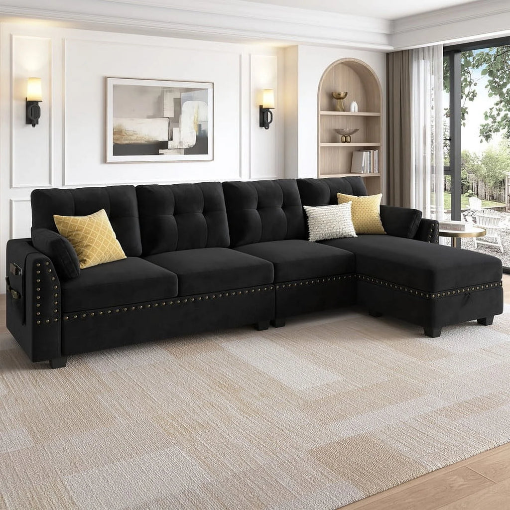 Black Velvet L Shaped Sectional Couch with Reversible Chaises and Storage Ottoman M5603