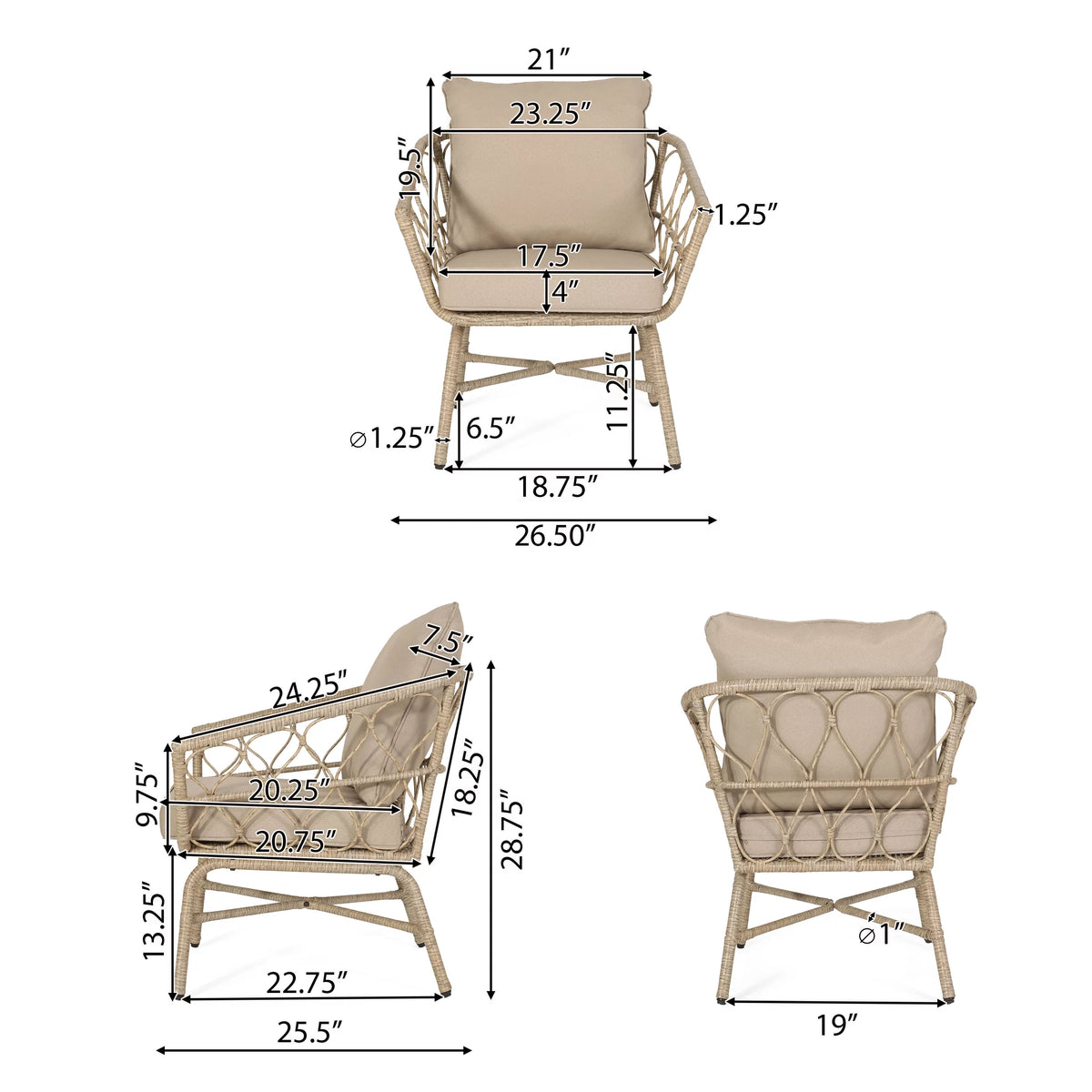 Light Brown and Beige Wicker Club Chairs with Cushions, Set of 2 G24049