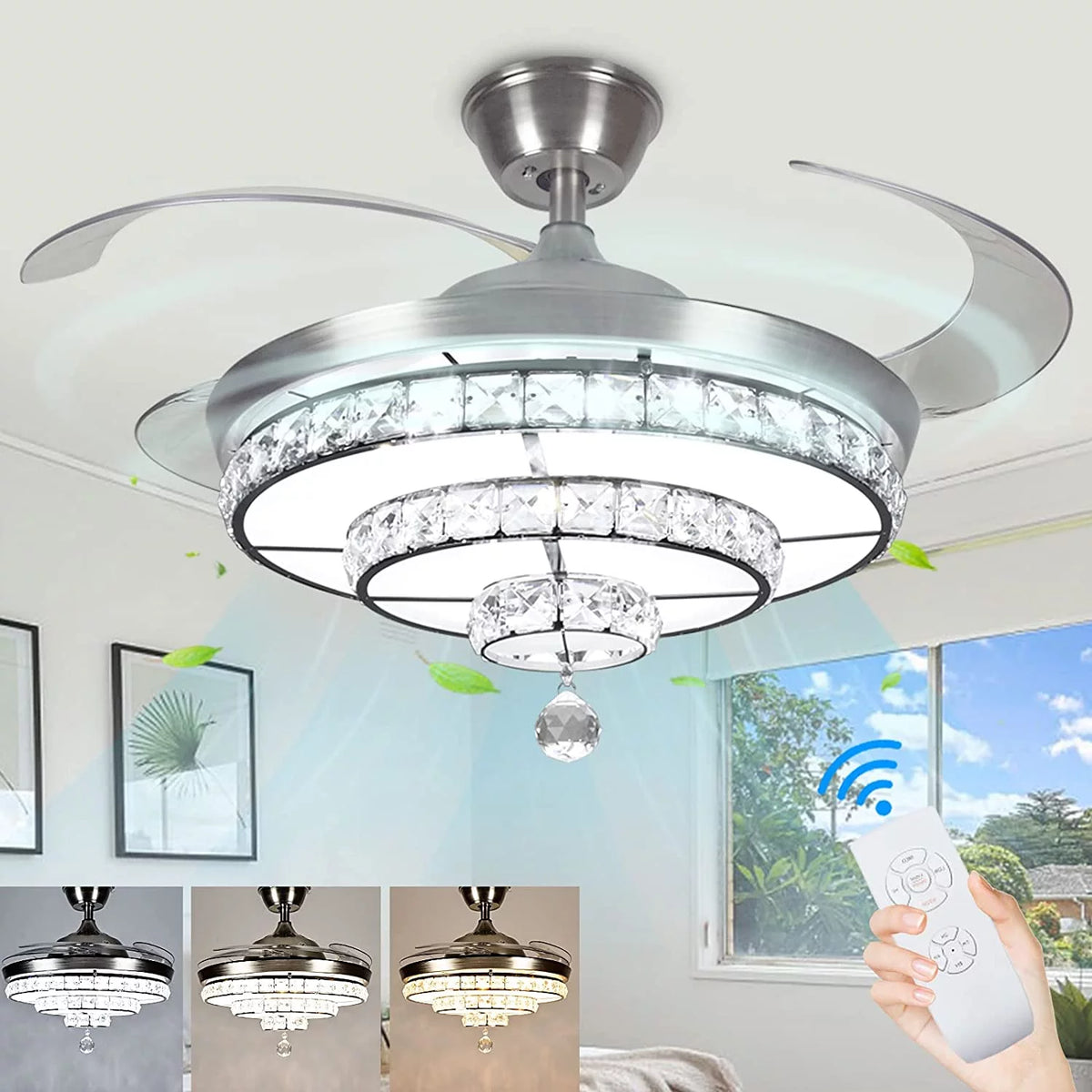 Crystal Ceiling Fan with Light and Remote, 3-Blade K966647