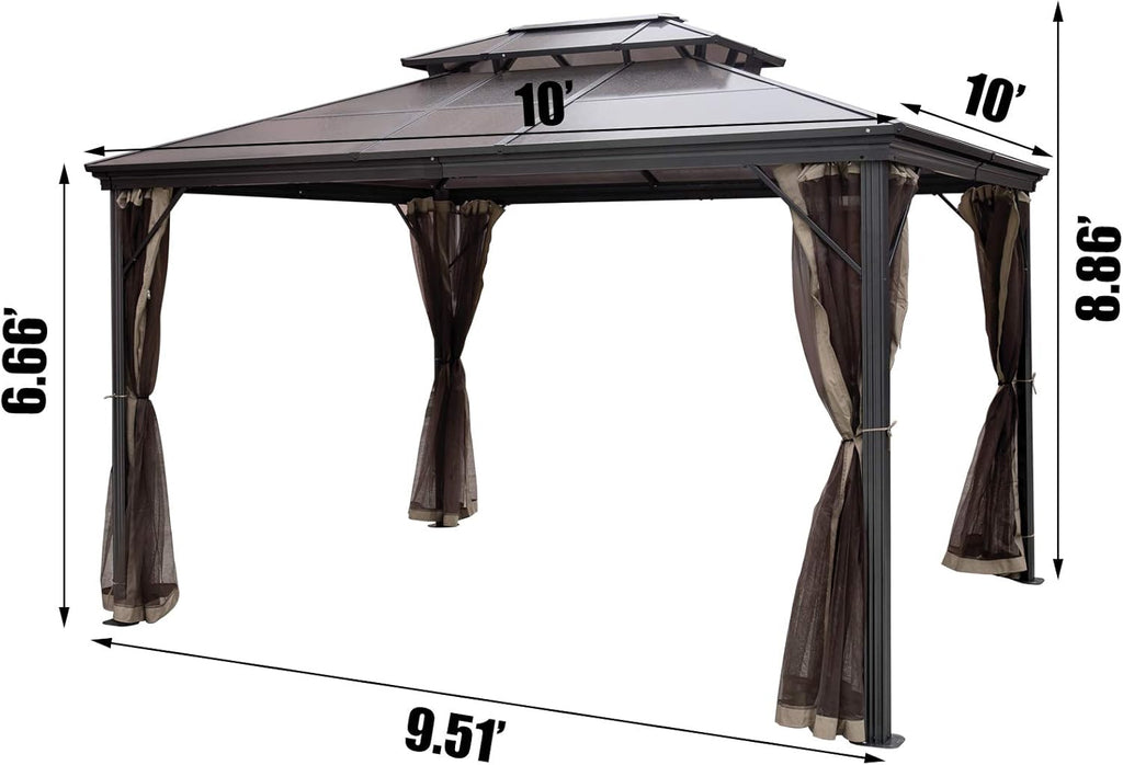 10' x 10' Polycarbonate Hardtop Aluminum Gazebo with Netting T58548