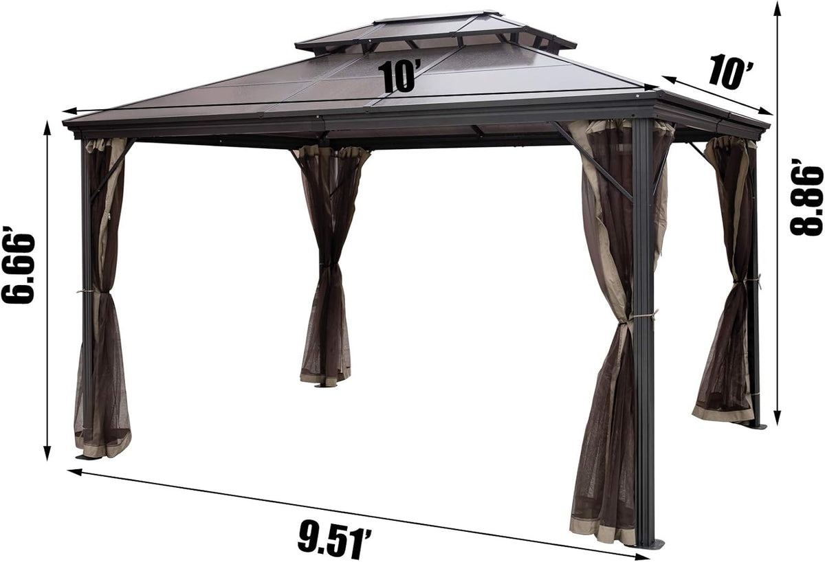 10' x 10' Polycarbonate Hardtop Aluminum Gazebo with Netting T58548