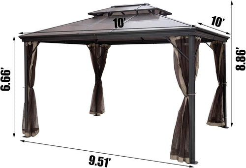 10' x 10' Polycarbonate Hardtop Aluminum Gazebo with Netting T58548