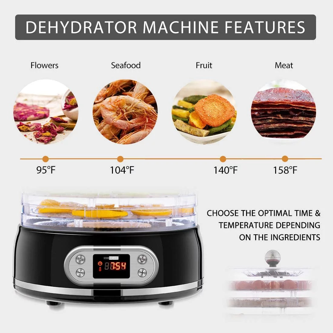 400W 5 Trays Round Food Dehydrator Machine Black R55660