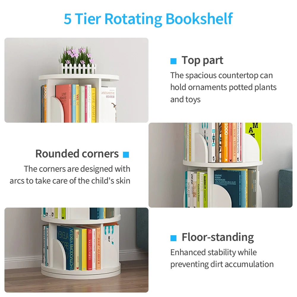 5 Tier Rotating Bookshelf White J75079