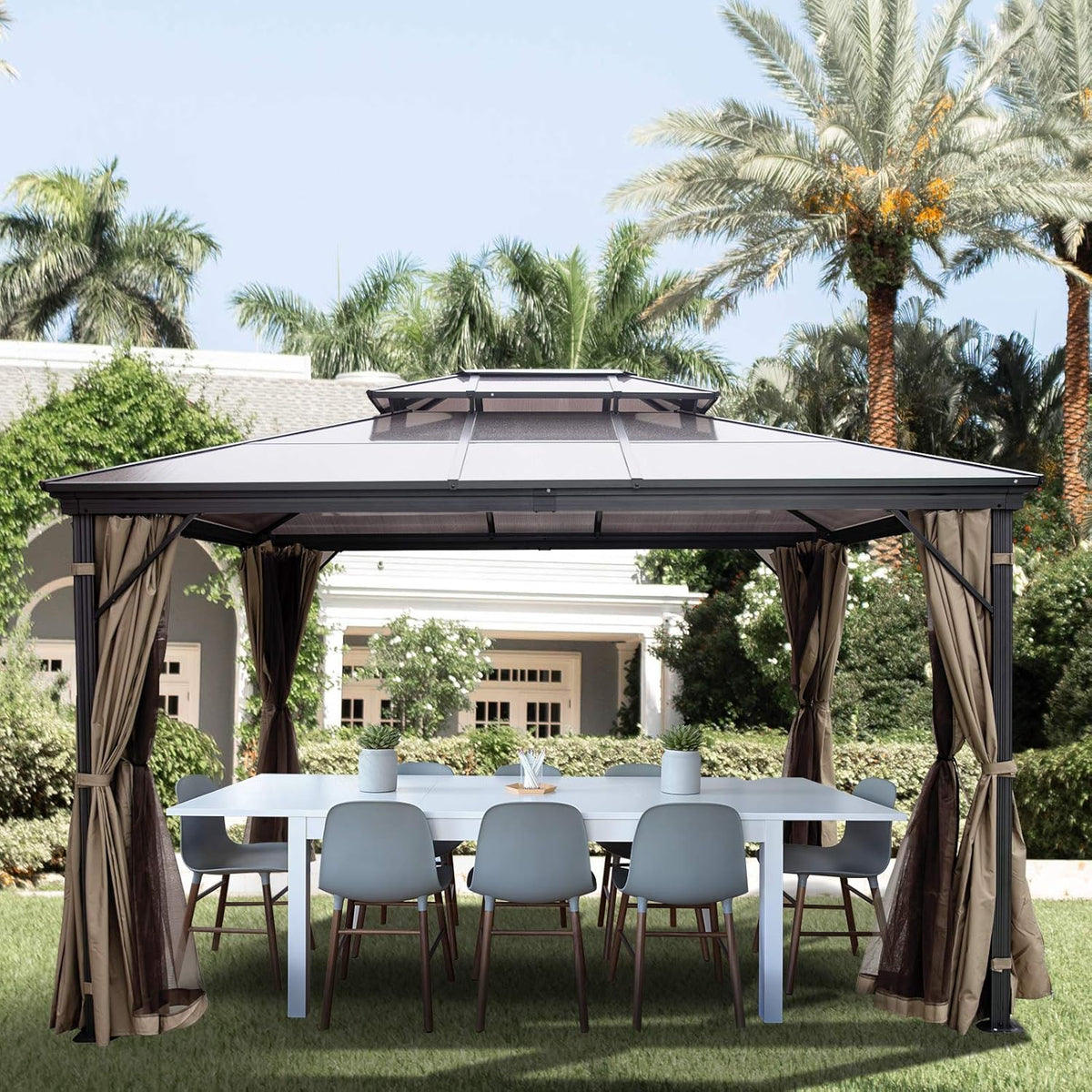 10' x 10' Polycarbonate Hardtop Aluminum Gazebo with Netting T58548