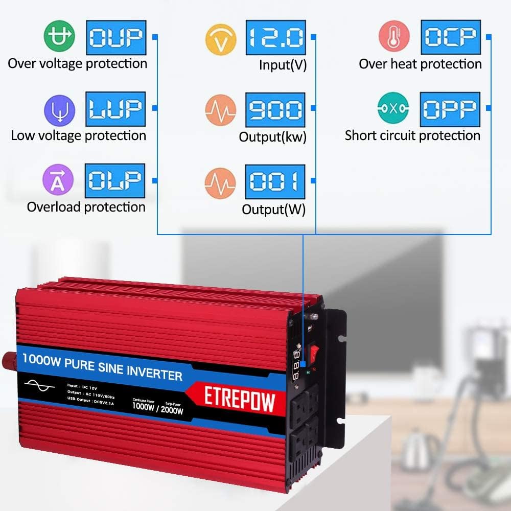 1000 Watt Pure Sine Wave Power Inverter 12V DC to 110V AC I121290