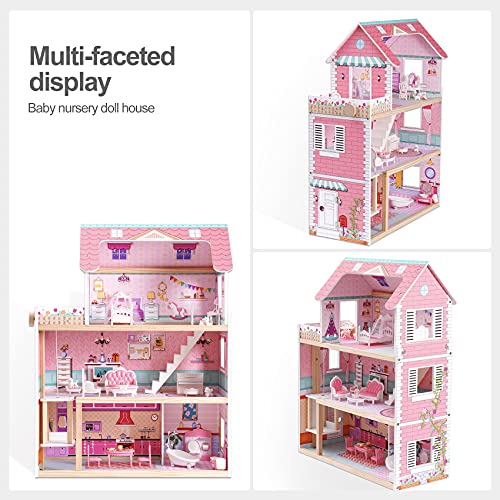 Wooden Dollhouse Playset with 24 Pcs Furniture I1189