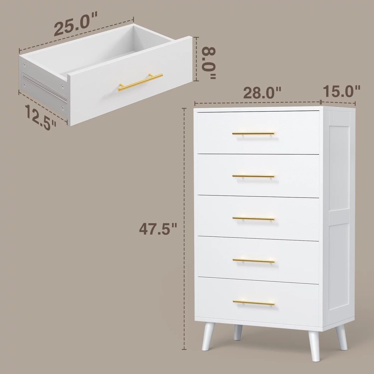 White 5 Drawer Dresser with Metal Handles X28952