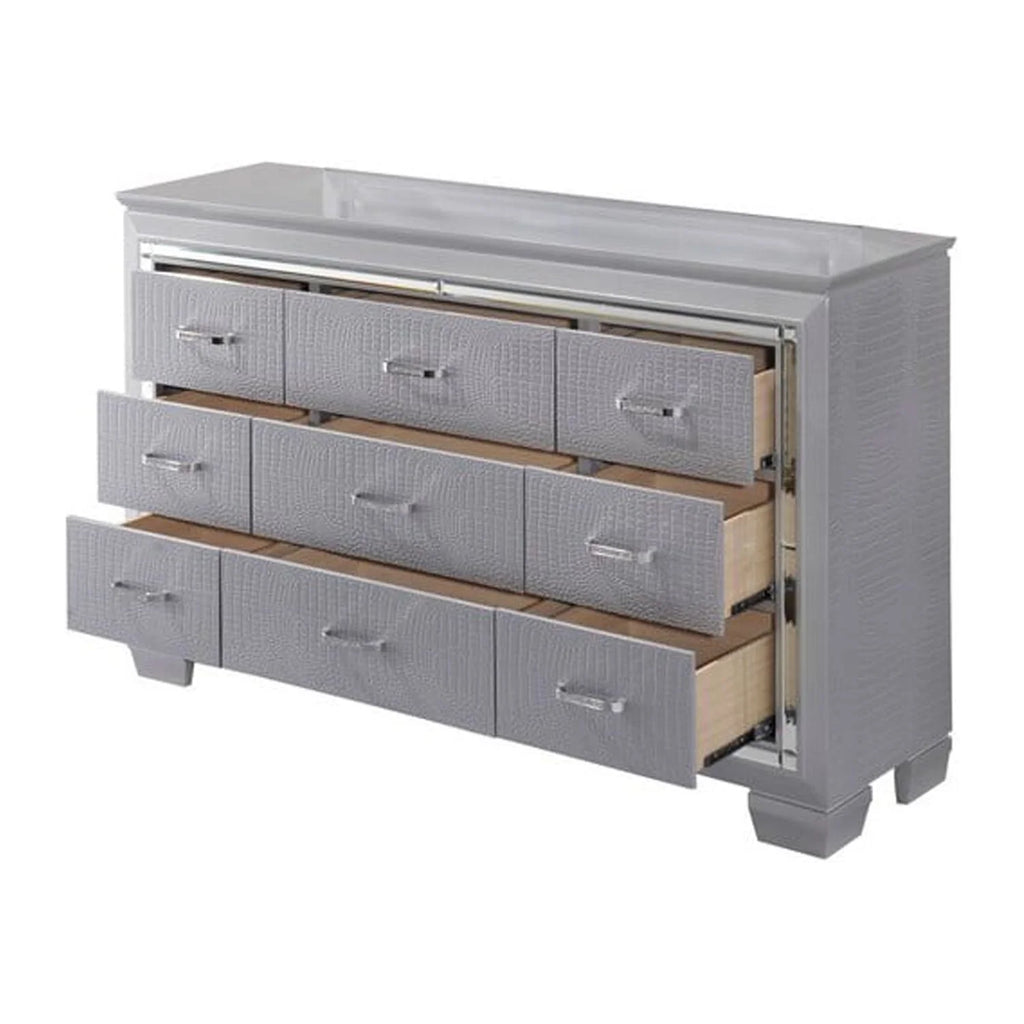 Gray 9 Drawer Textured Wooden Dresser with Mirror R390132