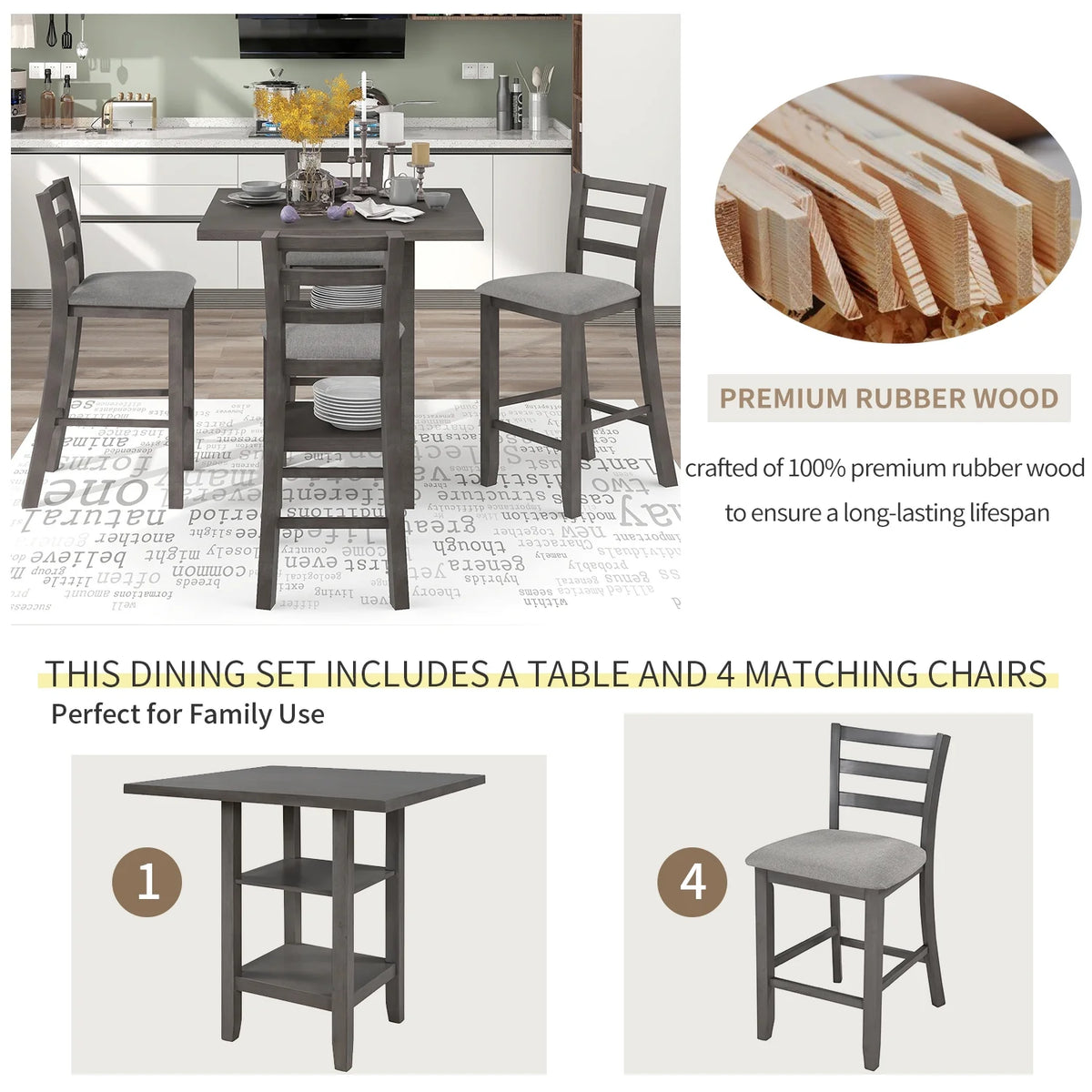 5-Piece Wooden Counter Height Dining Set with Padded Chairs C474433