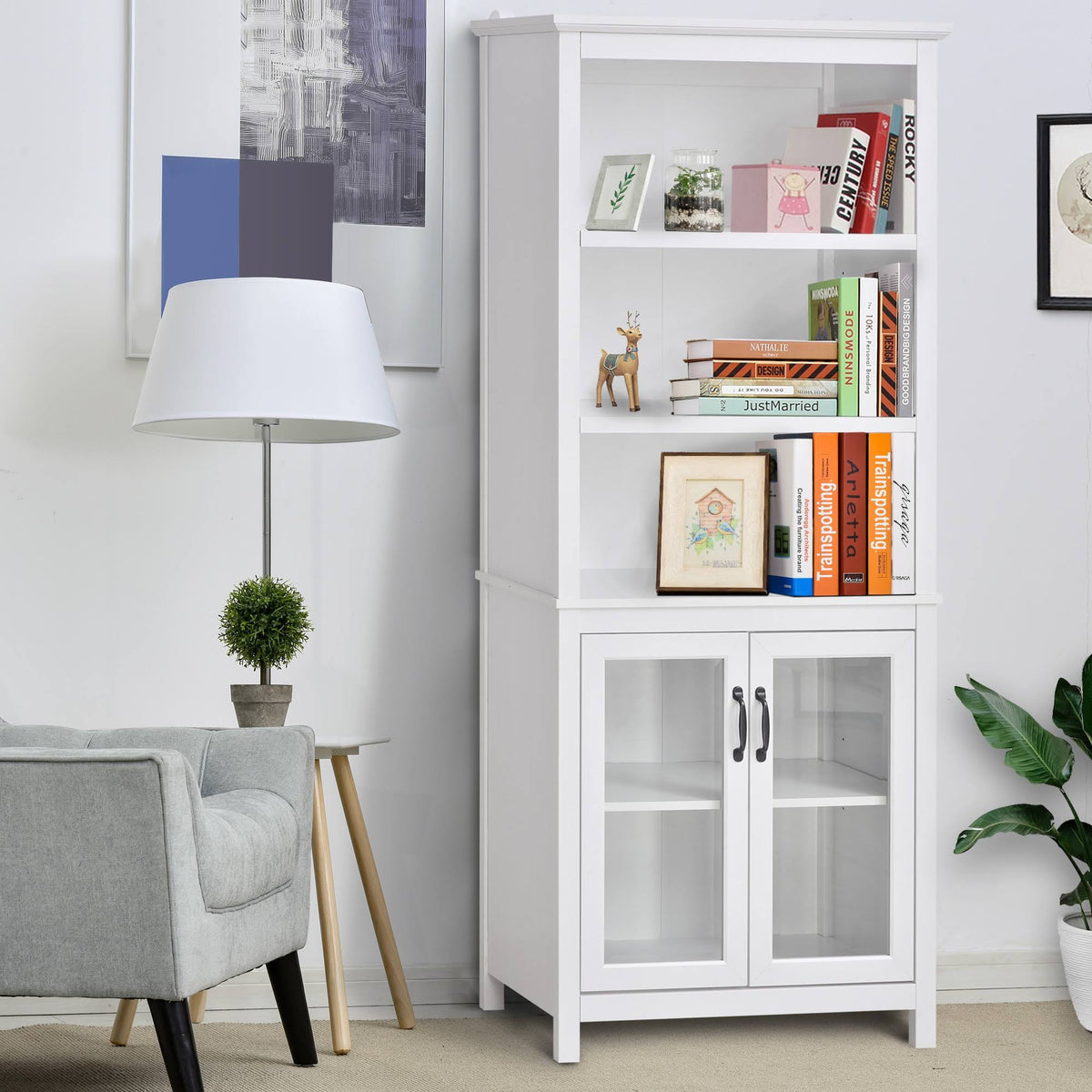 White Storage Cabinet Bookcase with Adjustable Shelves T1417