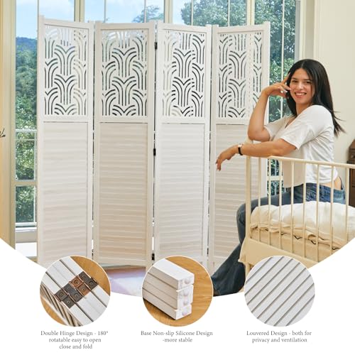 5.6 Ft Wood Carved Folding Room Divider 6 Panel Gray L5206