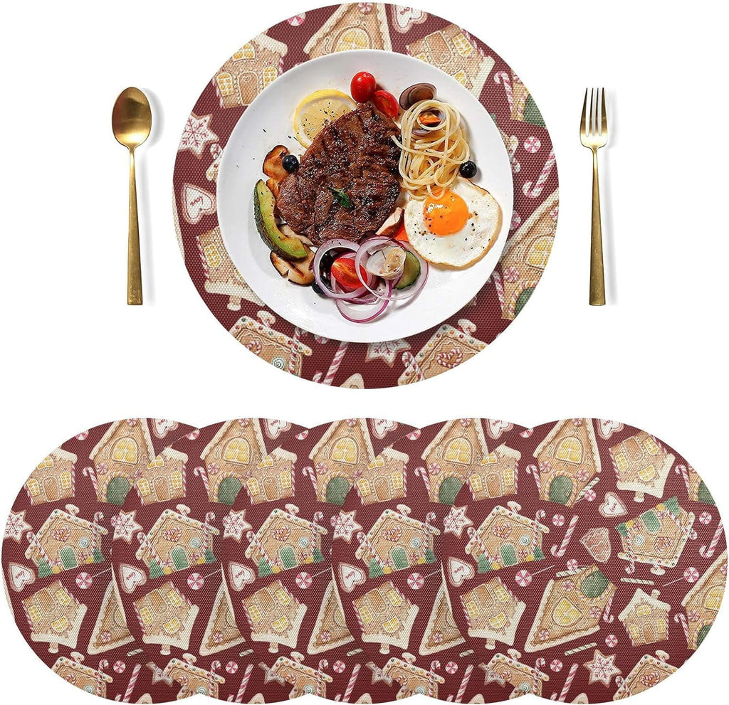 Christmas Gingerbread House Round Placemats Set of 6 Non-Slip PVC Washable Heat Resistant 15.4 Inch W645894