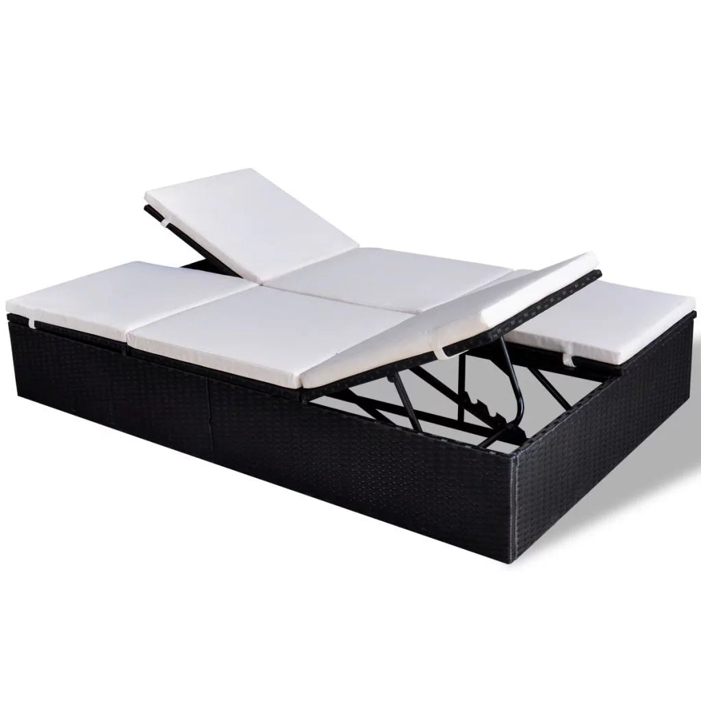 Double Chaise Lounge Chair 2-Person Poly Rattan Sun Lounger with Adjustable Cushion S682671