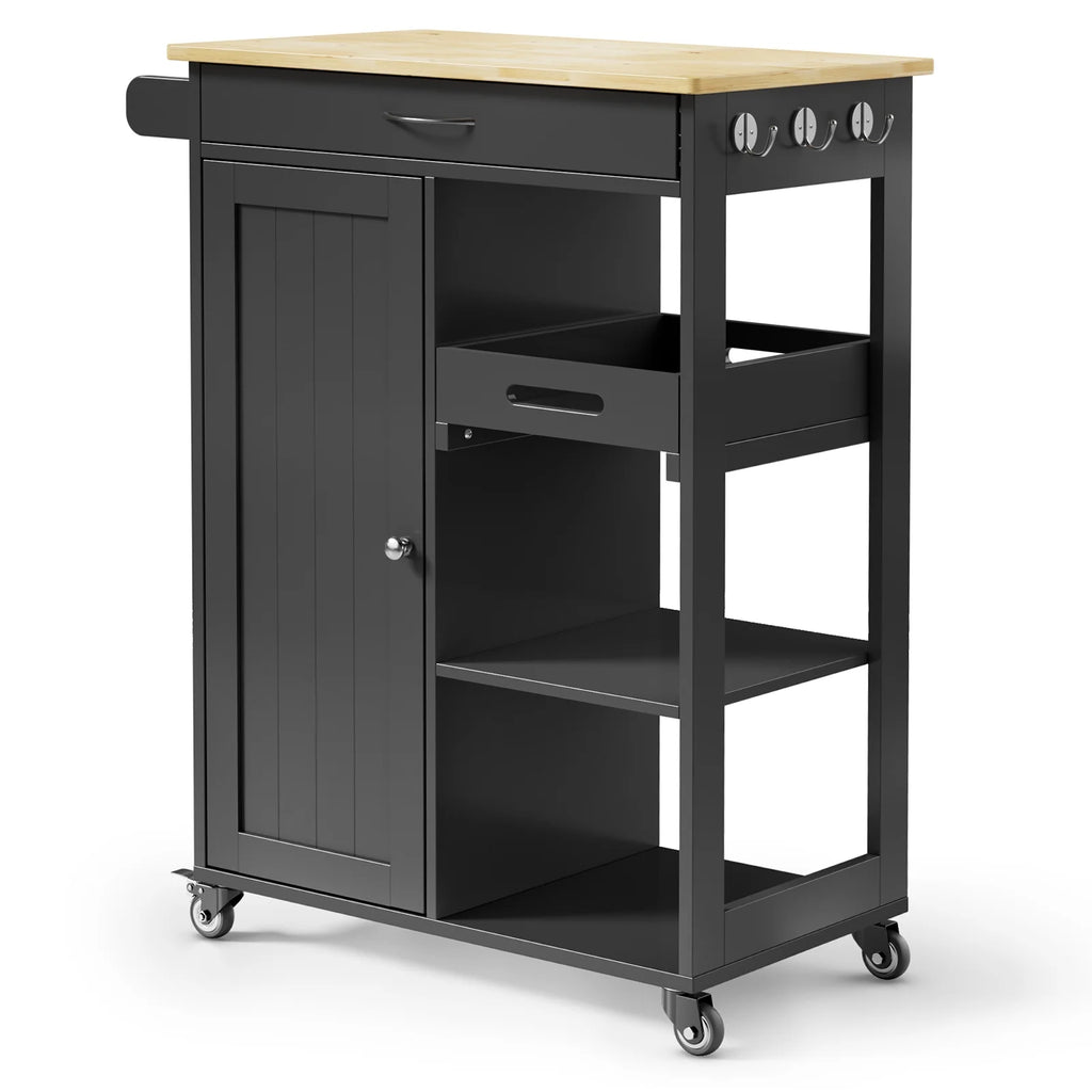 Black Kitchen Island Cart with Drawer and 3 Open Storage Shelves D727711