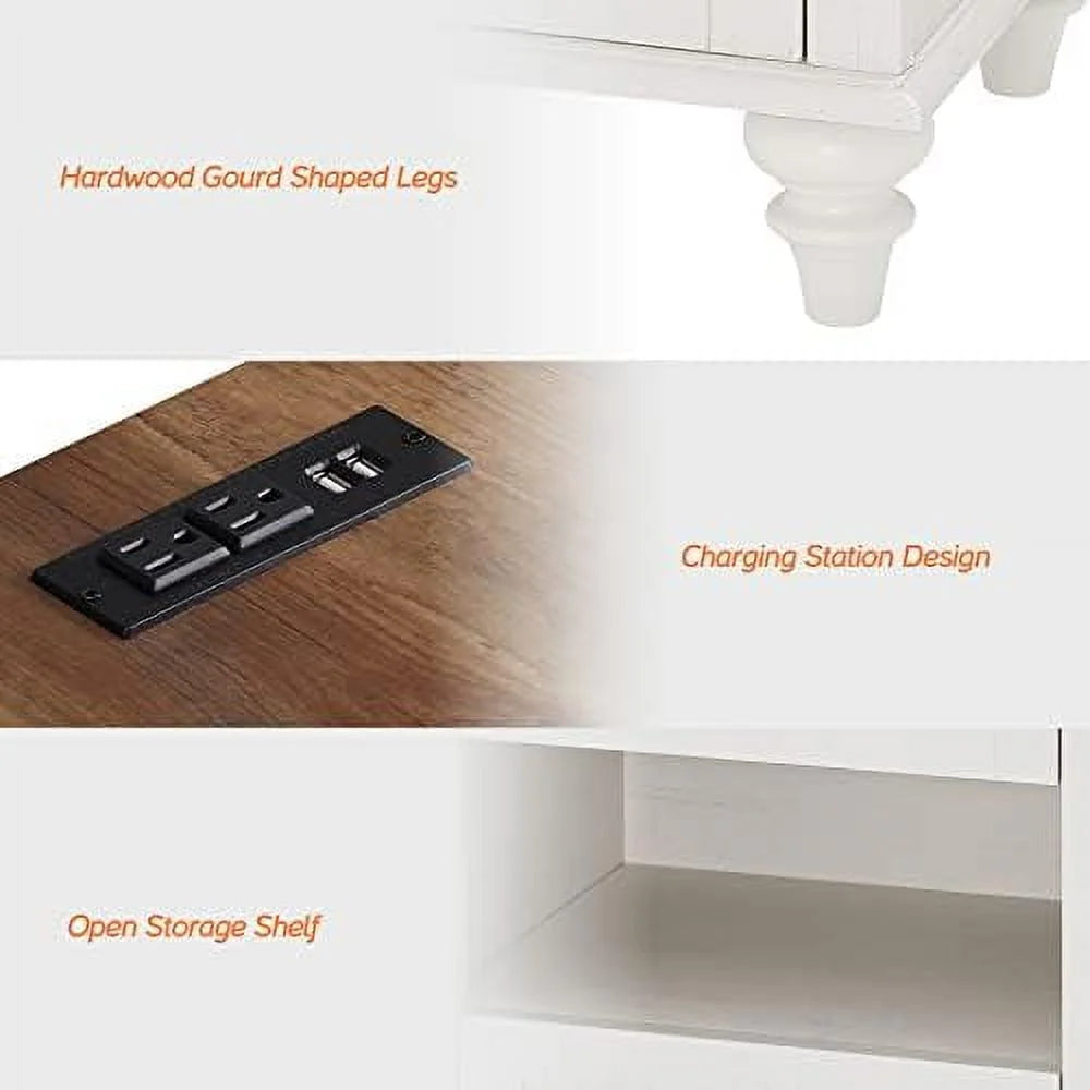 Antique White Nightstand with Charging Station and 2 Drawers G7078