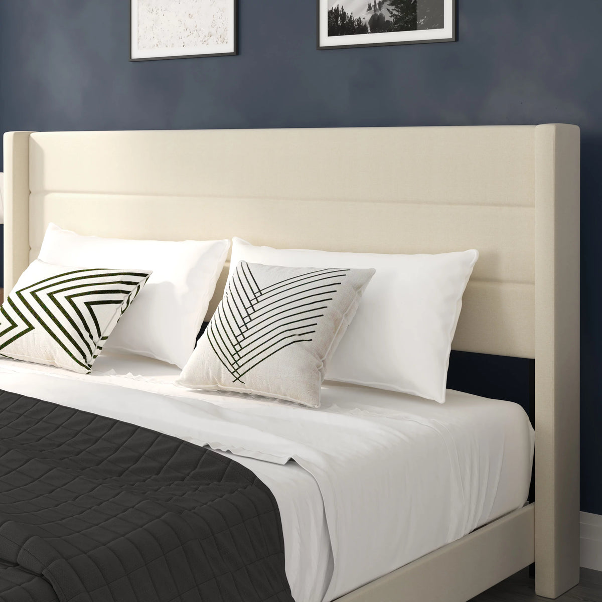Beige Faux Linen King Upholstered Platform Bed with Wingback Headboard M6506